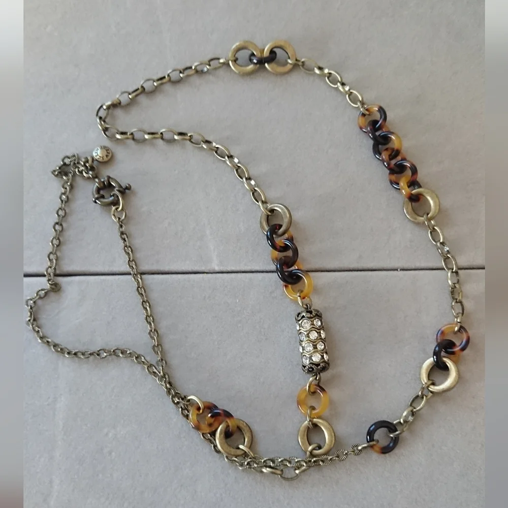 J.Crew tortoise shell and rhinestone paved barrel link necklace